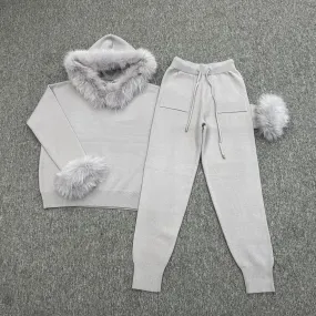 Light Grey Luxury Fur Trim Hood & Cuff Jogger Tracksuit