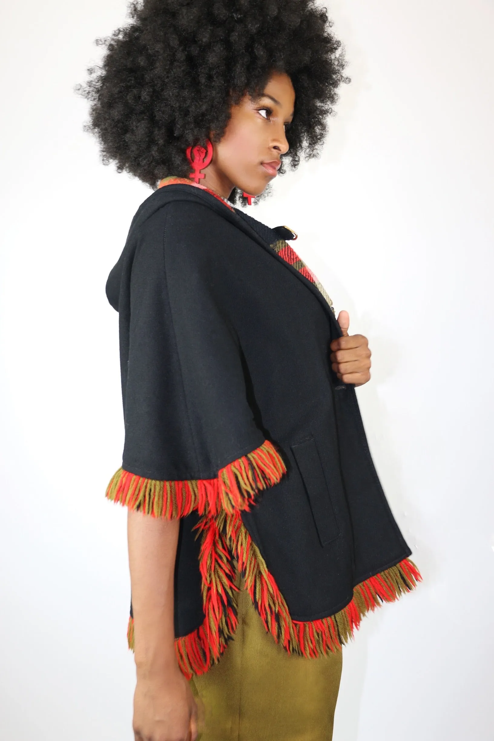 Live: 117 Vintage Plaid Fringe Reversible Cape