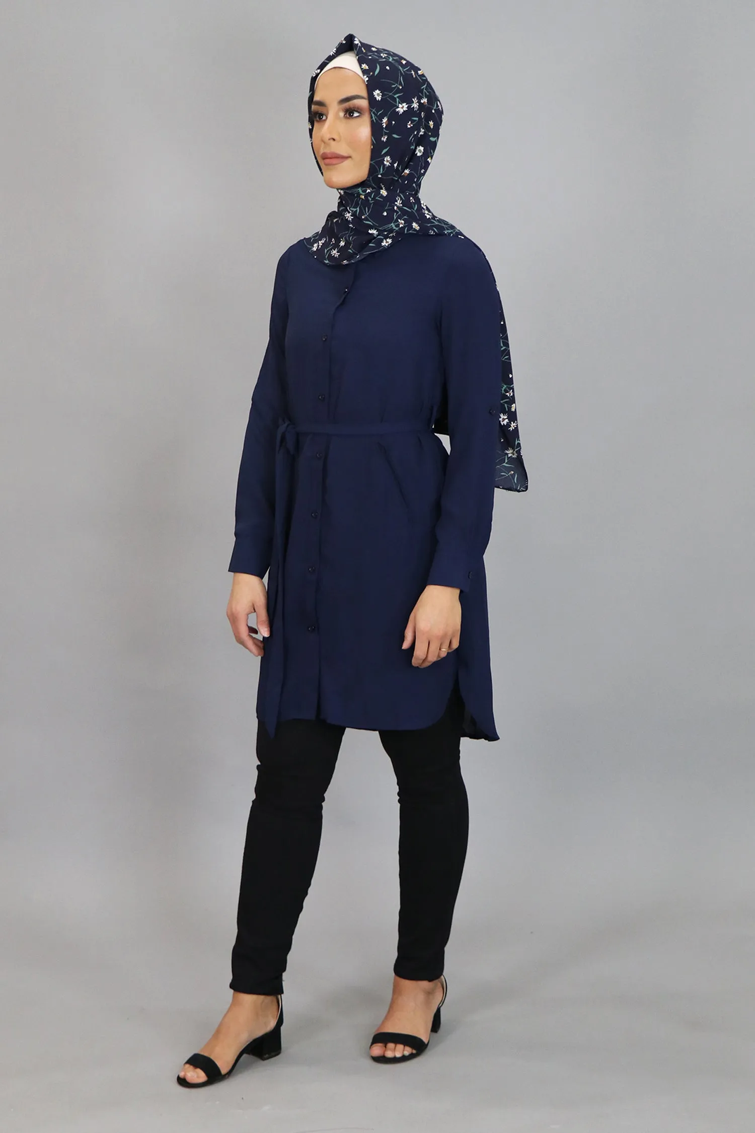 Navy Blue Plain Long Blouse