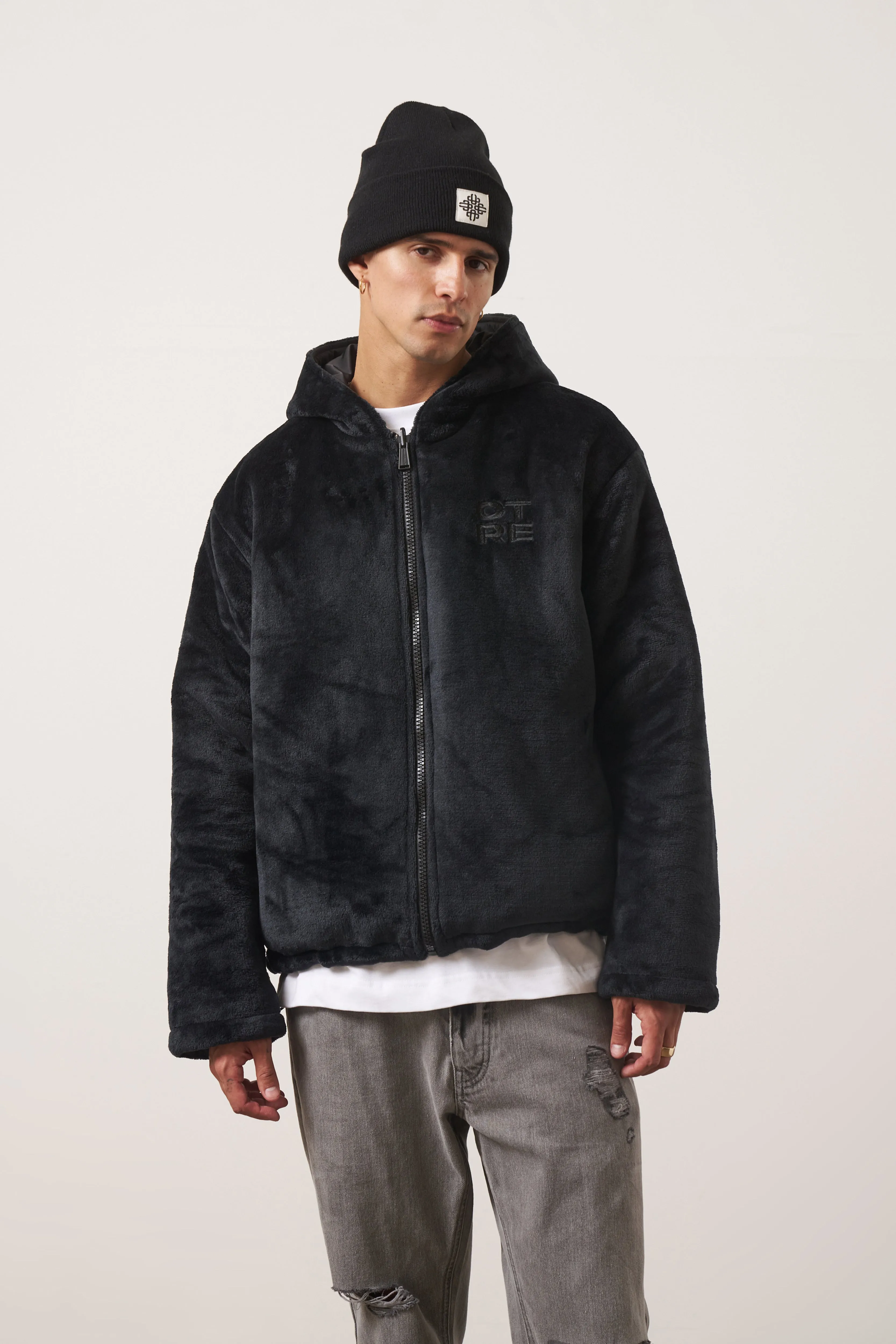 PADDED REVERSIBLE FAUX FUR ZIP THROUGH JACKET - BLACK