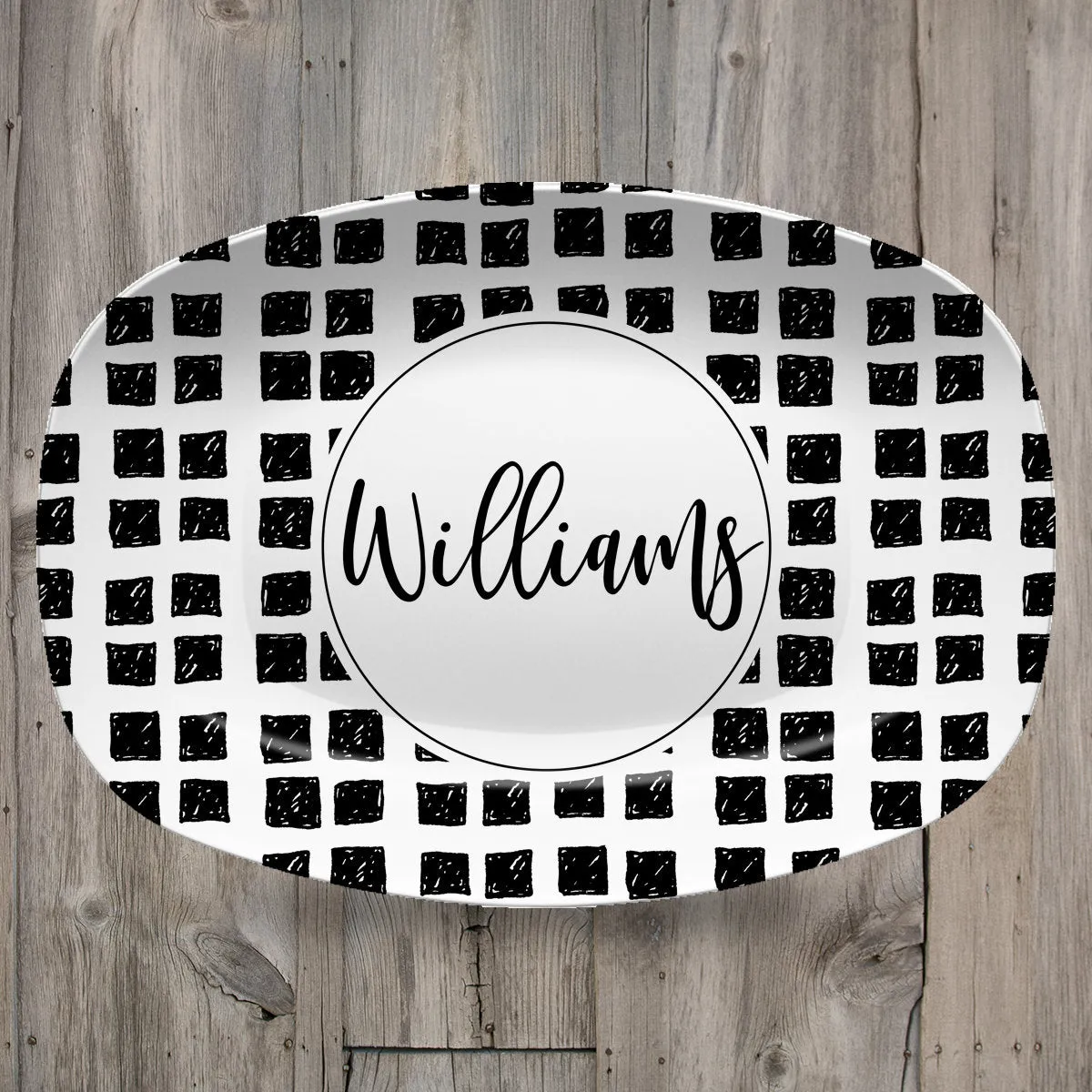 Patterned Personalized Custom Platter | Aztek  Dots  Black and White  Blue and White