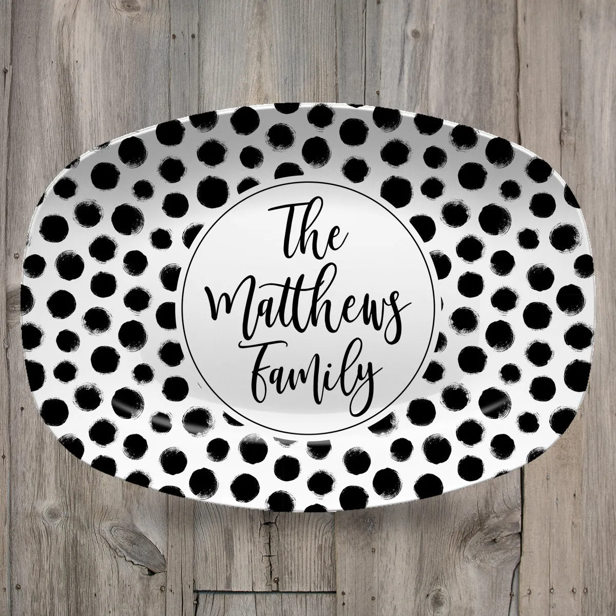 Patterned Personalized Custom Platter | Aztek  Dots  Black and White  Blue and White