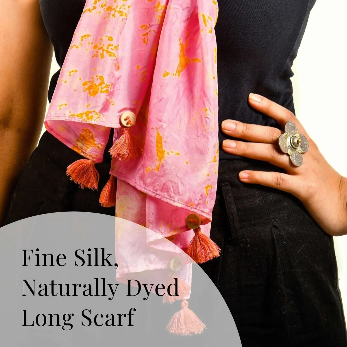 Pink Marigold Patterned Handcrafted Natural Dyed Silk Long Scarf/ Stole