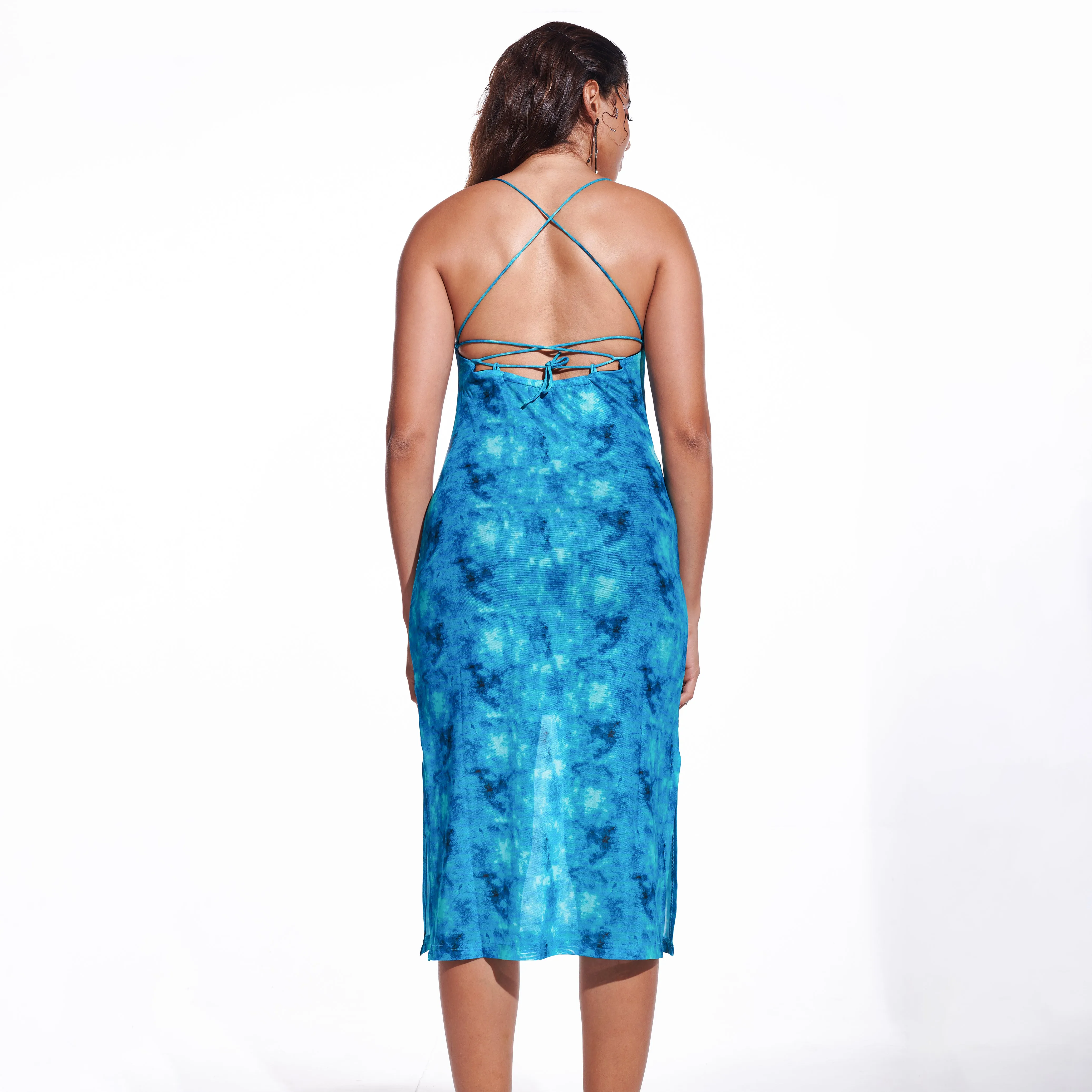 Printed Mesh Backless Dress