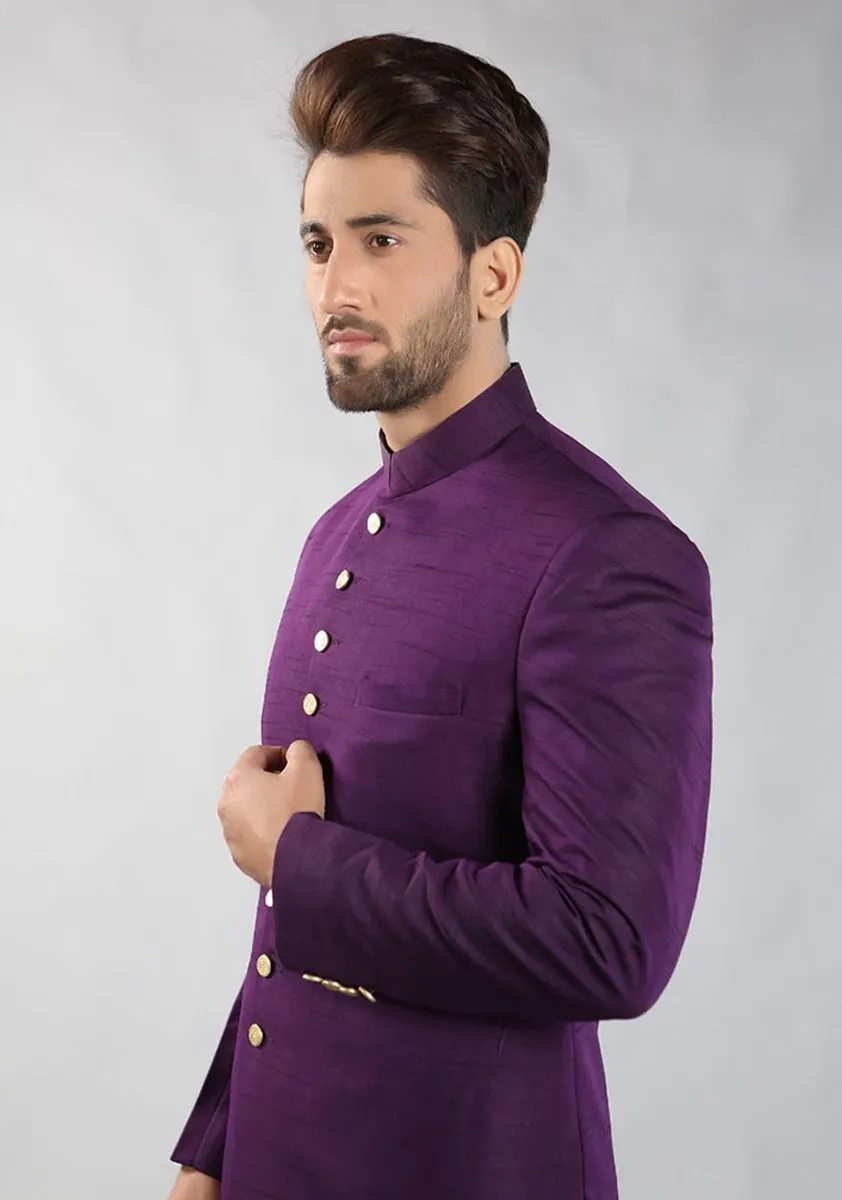 Purple pennant Traditional Plain Raw-Silk Sherwani