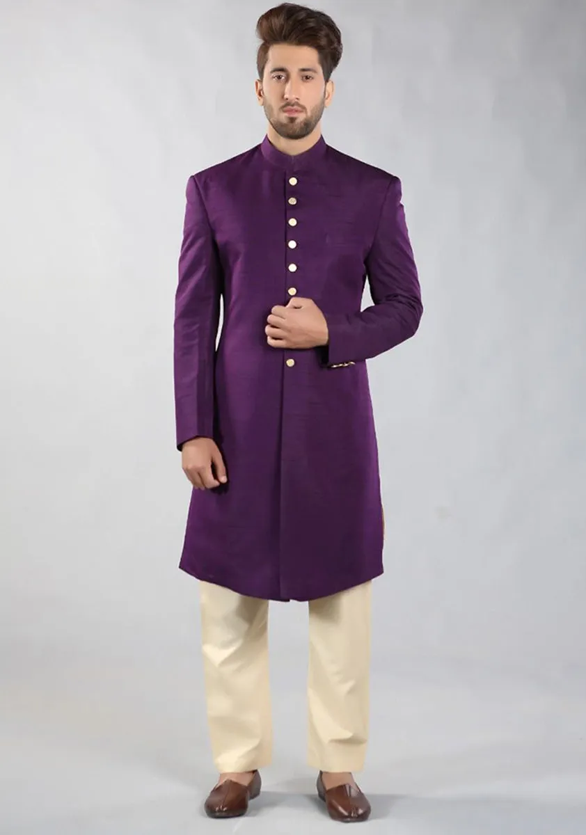 Purple pennant Traditional Plain Raw-Silk Sherwani