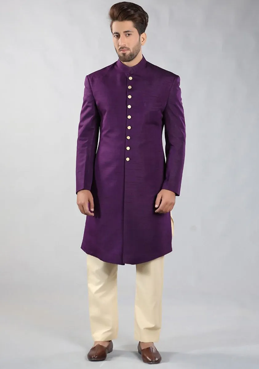 Purple pennant Traditional Plain Raw-Silk Sherwani