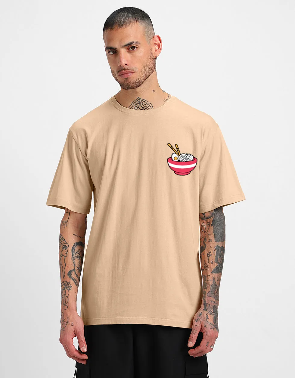 RAMEN Printed Beige Oversized Back Graphic Printed Tshirt