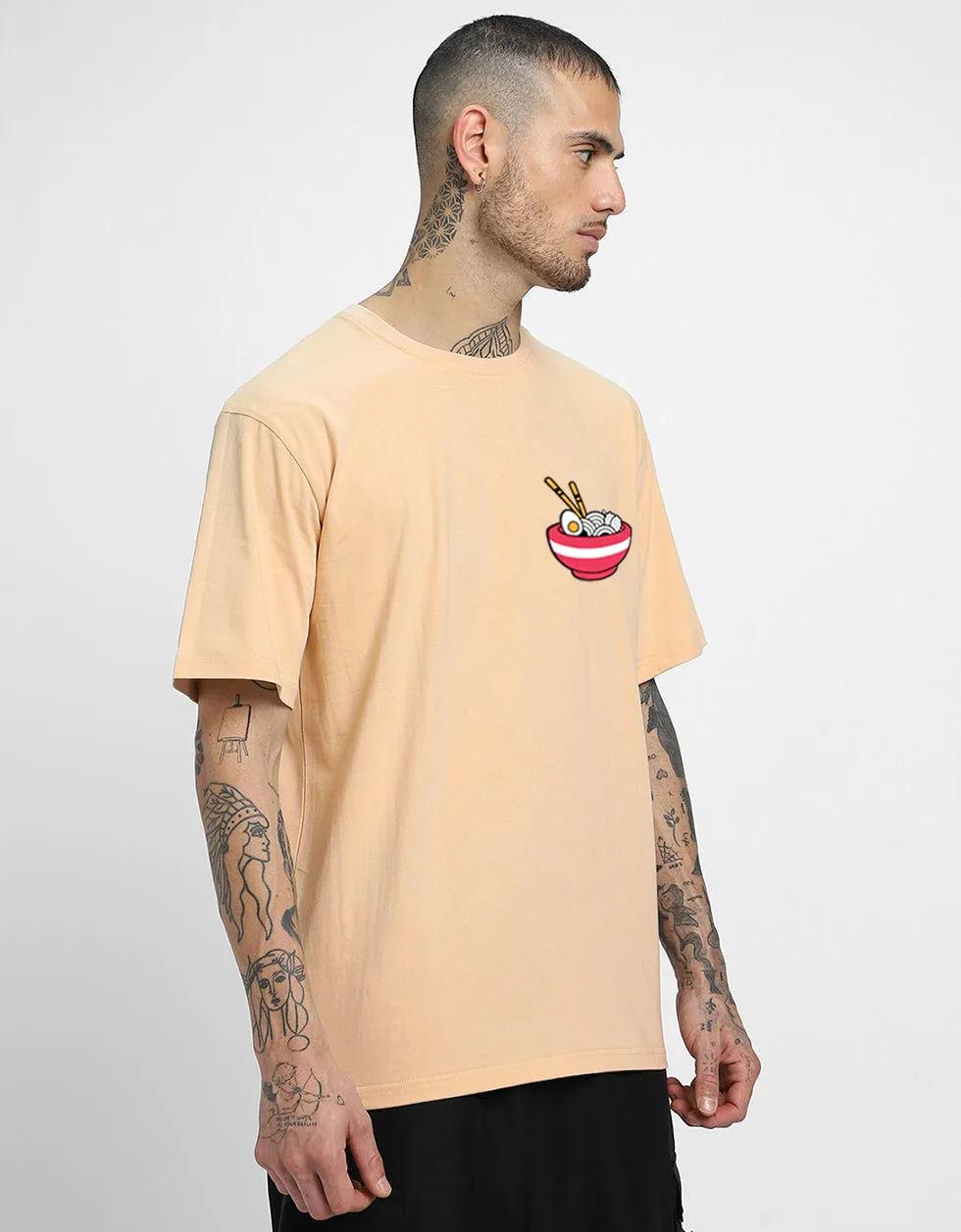 RAMEN Printed Beige Oversized Back Graphic Printed Tshirt