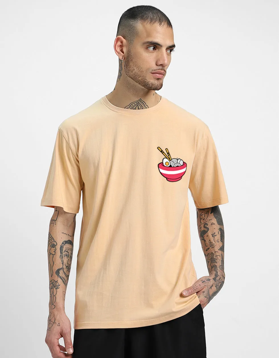 RAMEN Printed Beige Oversized Back Graphic Printed Tshirt