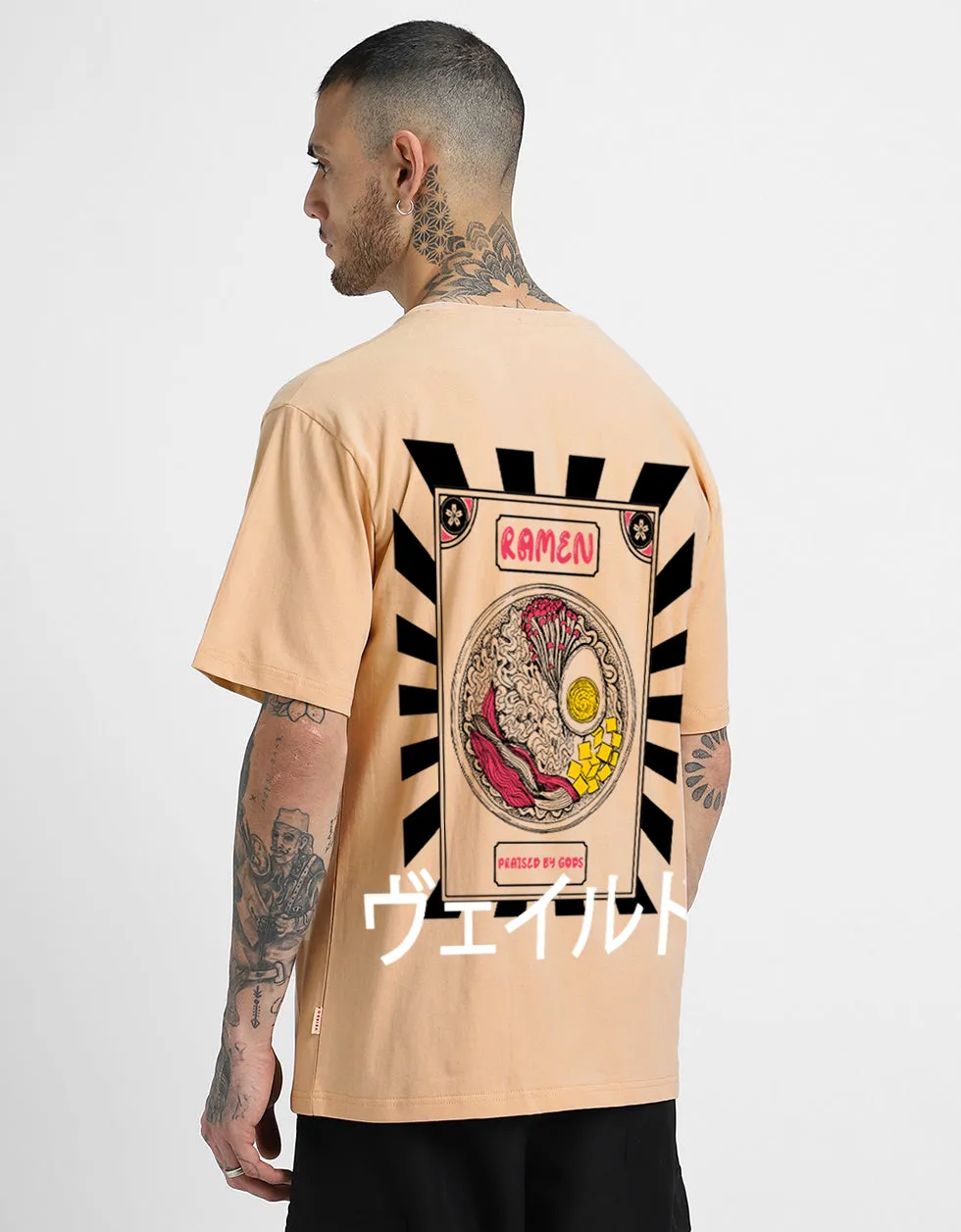 RAMEN Printed Beige Oversized Back Graphic Printed Tshirt