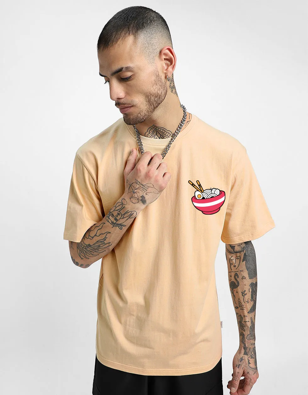 RAMEN Printed Beige Oversized Back Graphic Printed Tshirt