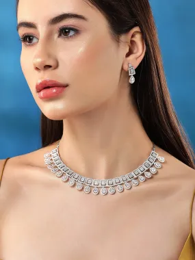 Rubans Rhodium-Plated Premium White Pear & Round Zircons Studded Patterned Statement Jewellery Set