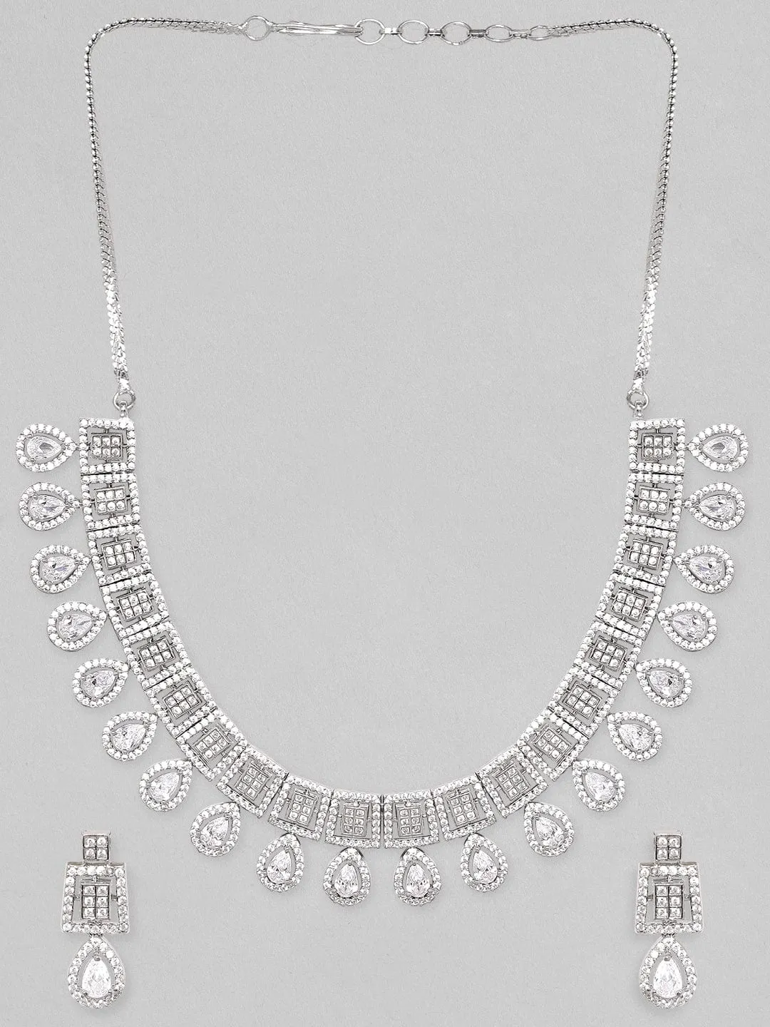 Rubans Rhodium-Plated Premium White Pear & Round Zircons Studded Patterned Statement Jewellery Set