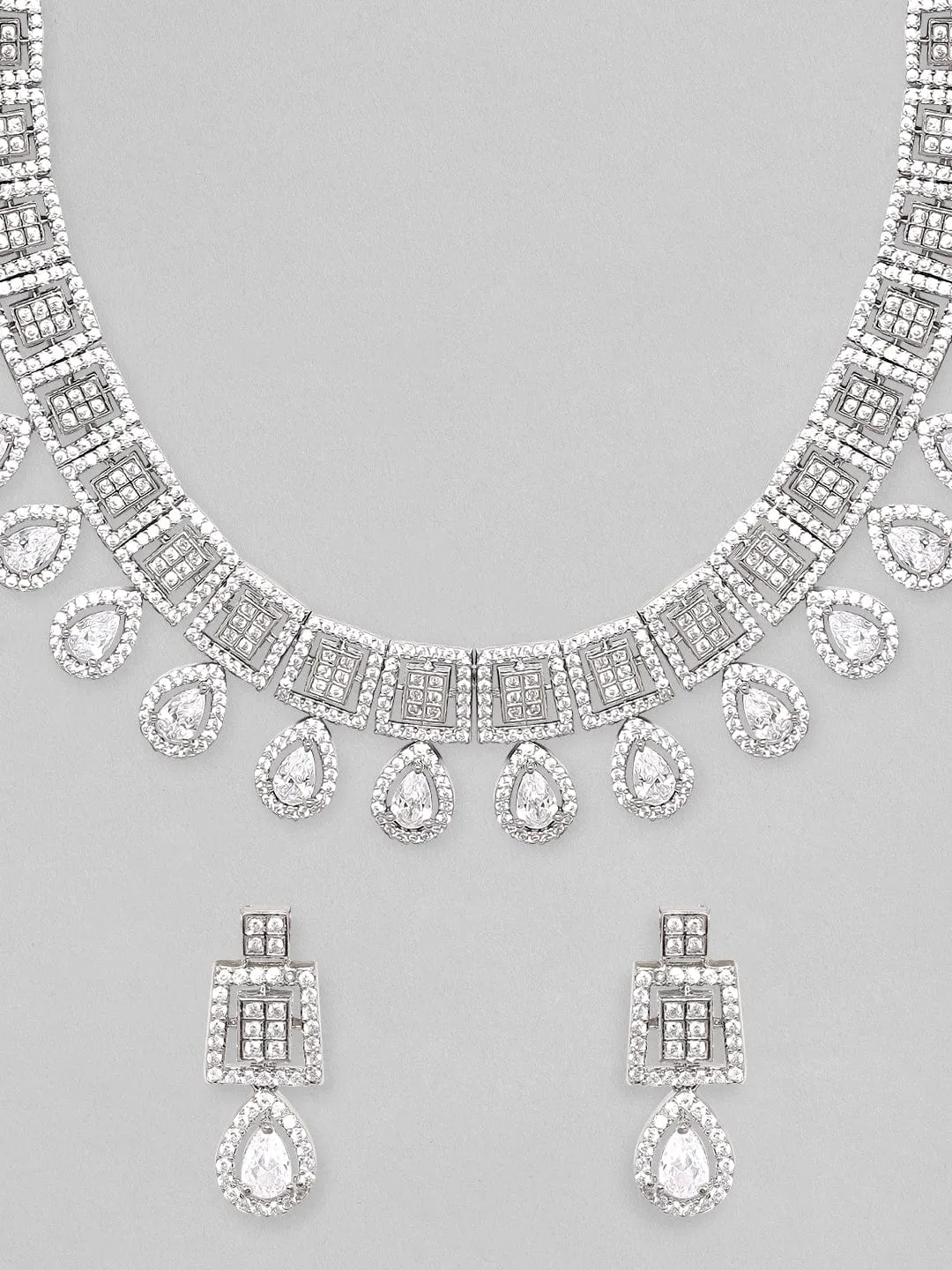 Rubans Rhodium-Plated Premium White Pear & Round Zircons Studded Patterned Statement Jewellery Set