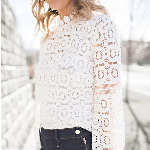 Sheer Mesh White Crochet Eyelet Lace Blouse Top