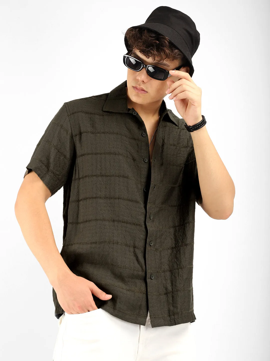 Shirtolo Olive Plain Half Sleeve Shirt