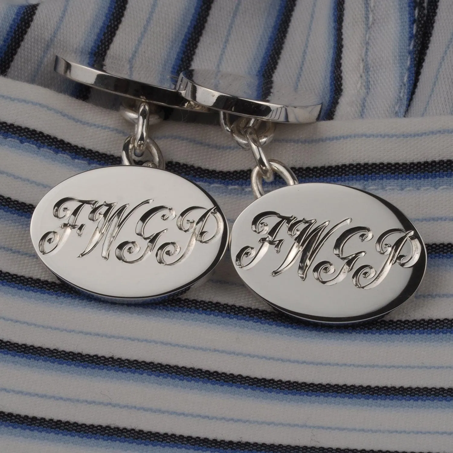 Silver Double Plain Oval Chain Cufflinks Personalised