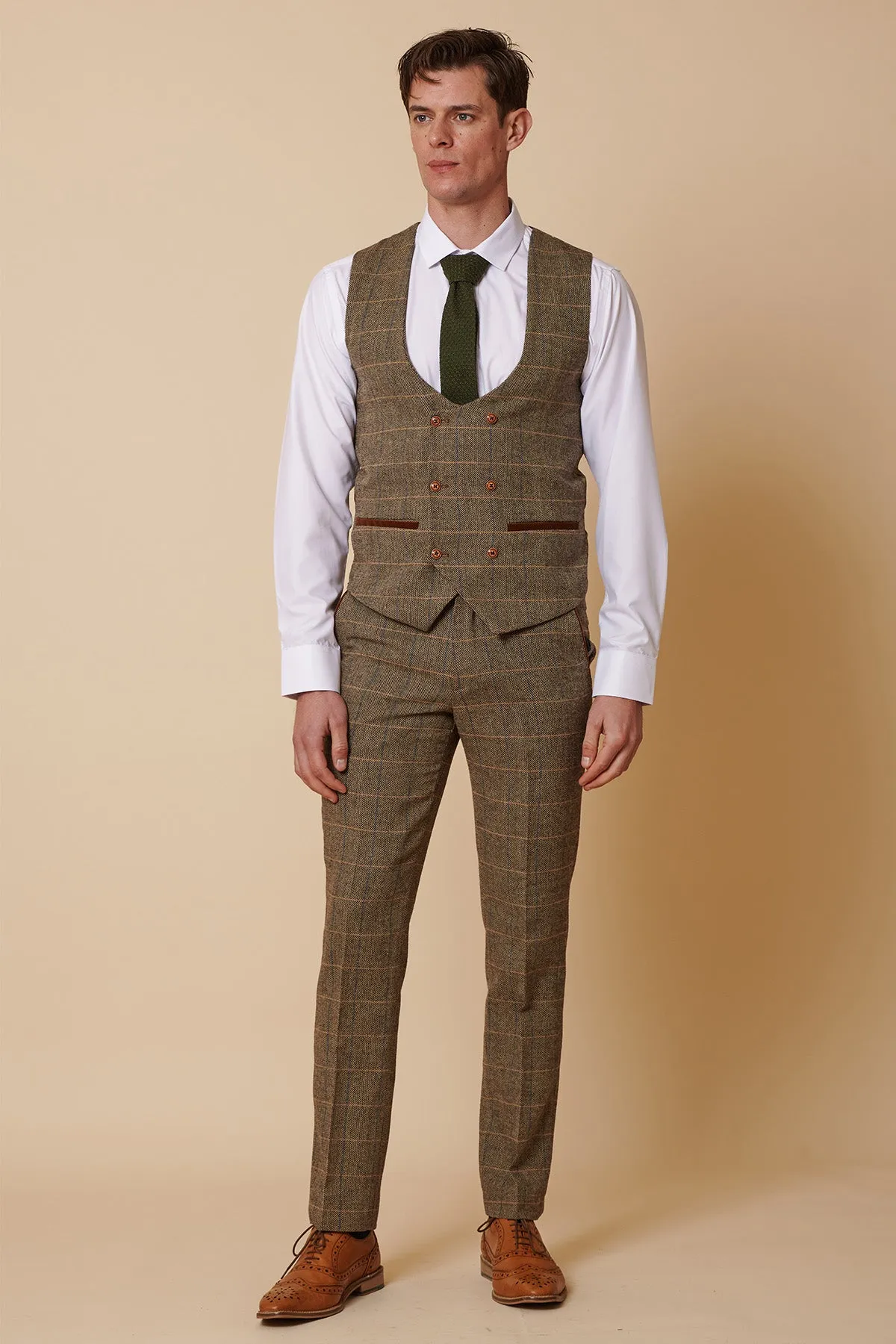 TED - Tan Tweed Check Double Breasted Waistcoat