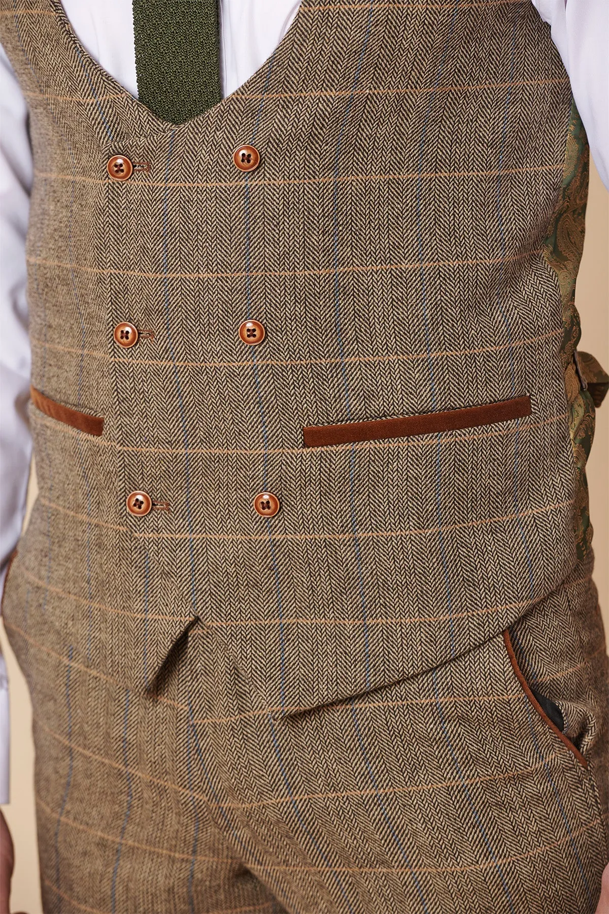 TED - Tan Tweed Check Double Breasted Waistcoat