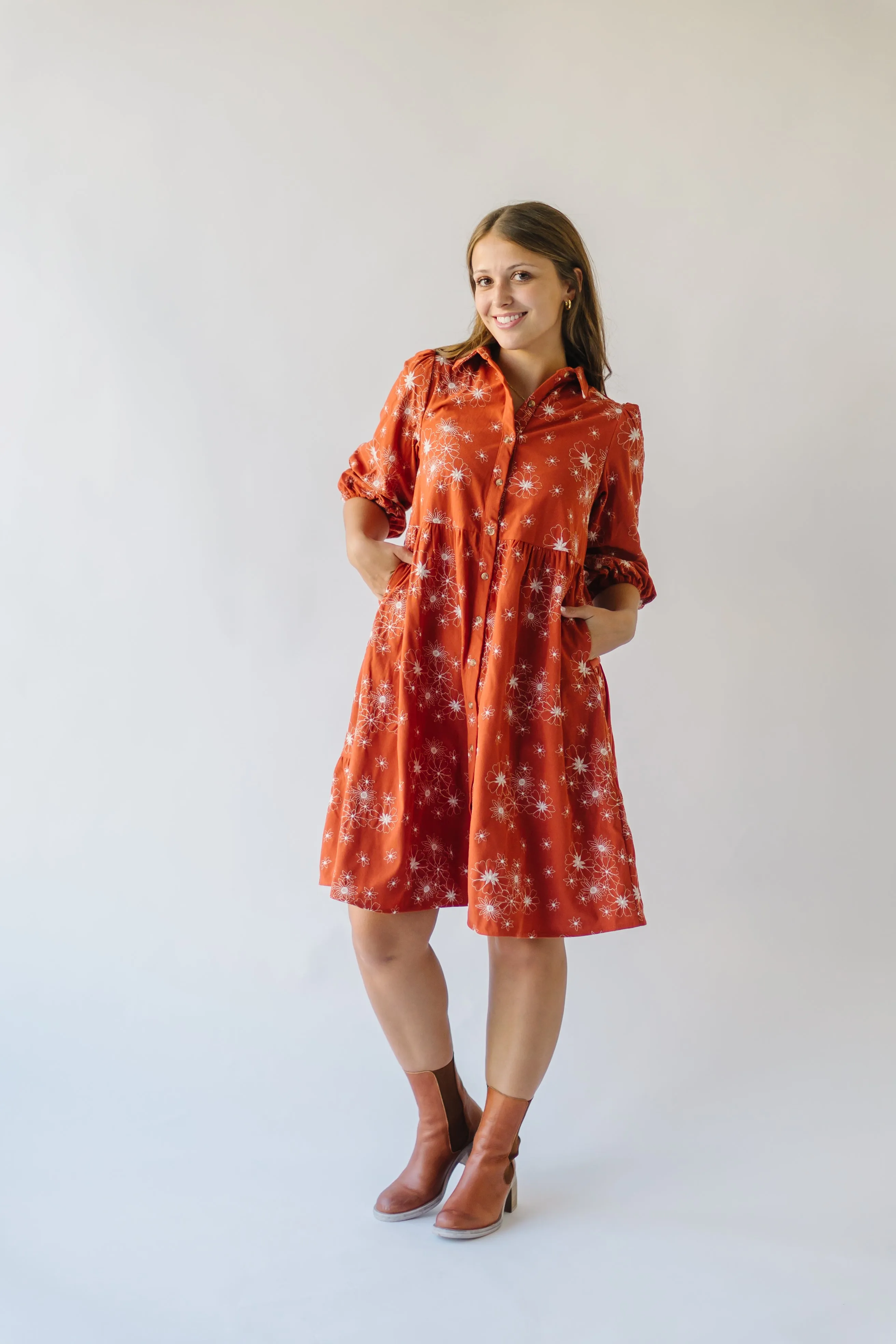 The Kailen Button-Down Patterned Dress in Rust