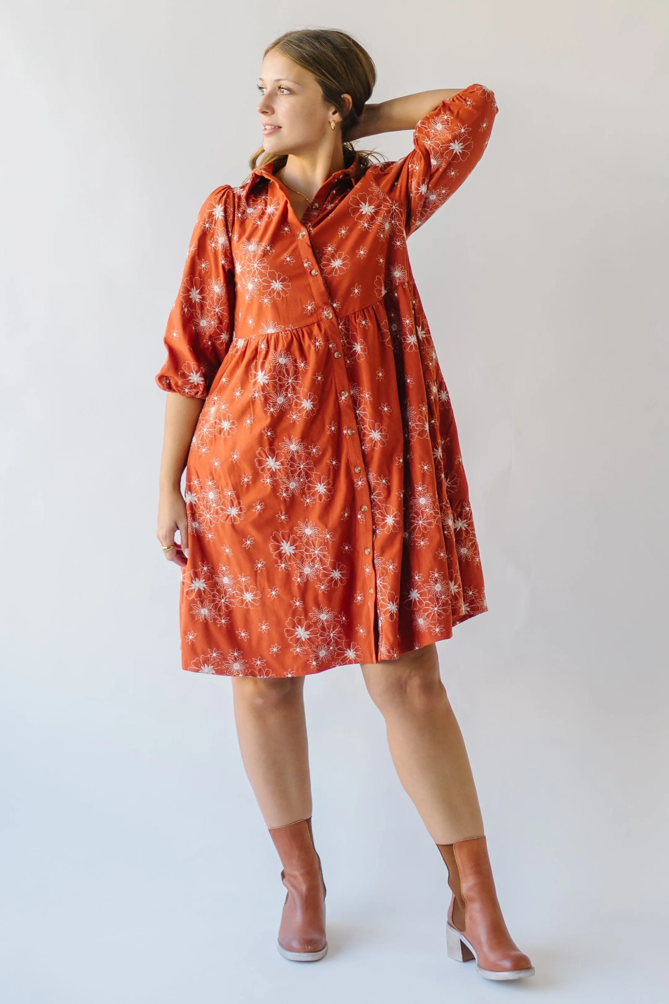 The Kailen Button-Down Patterned Dress in Rust