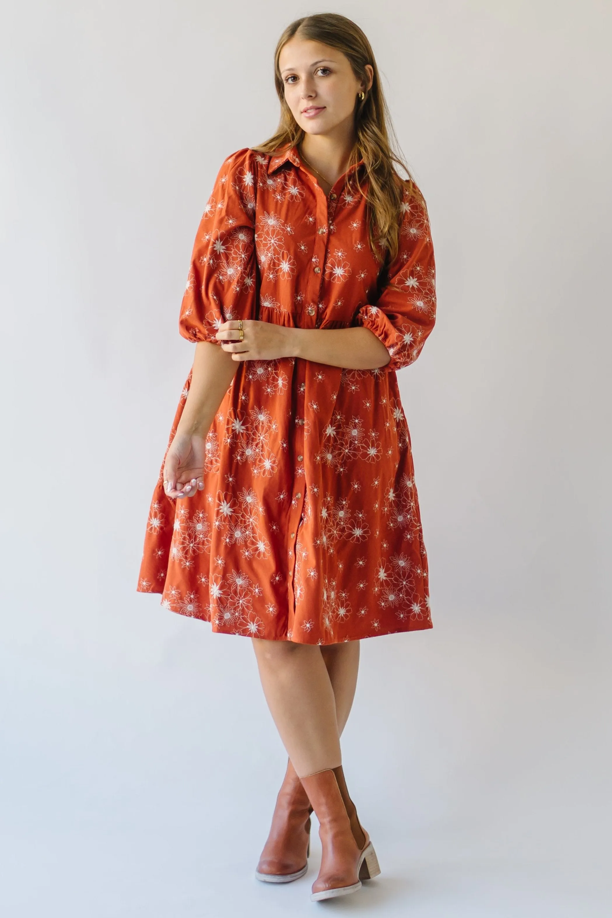 The Kailen Button-Down Patterned Dress in Rust