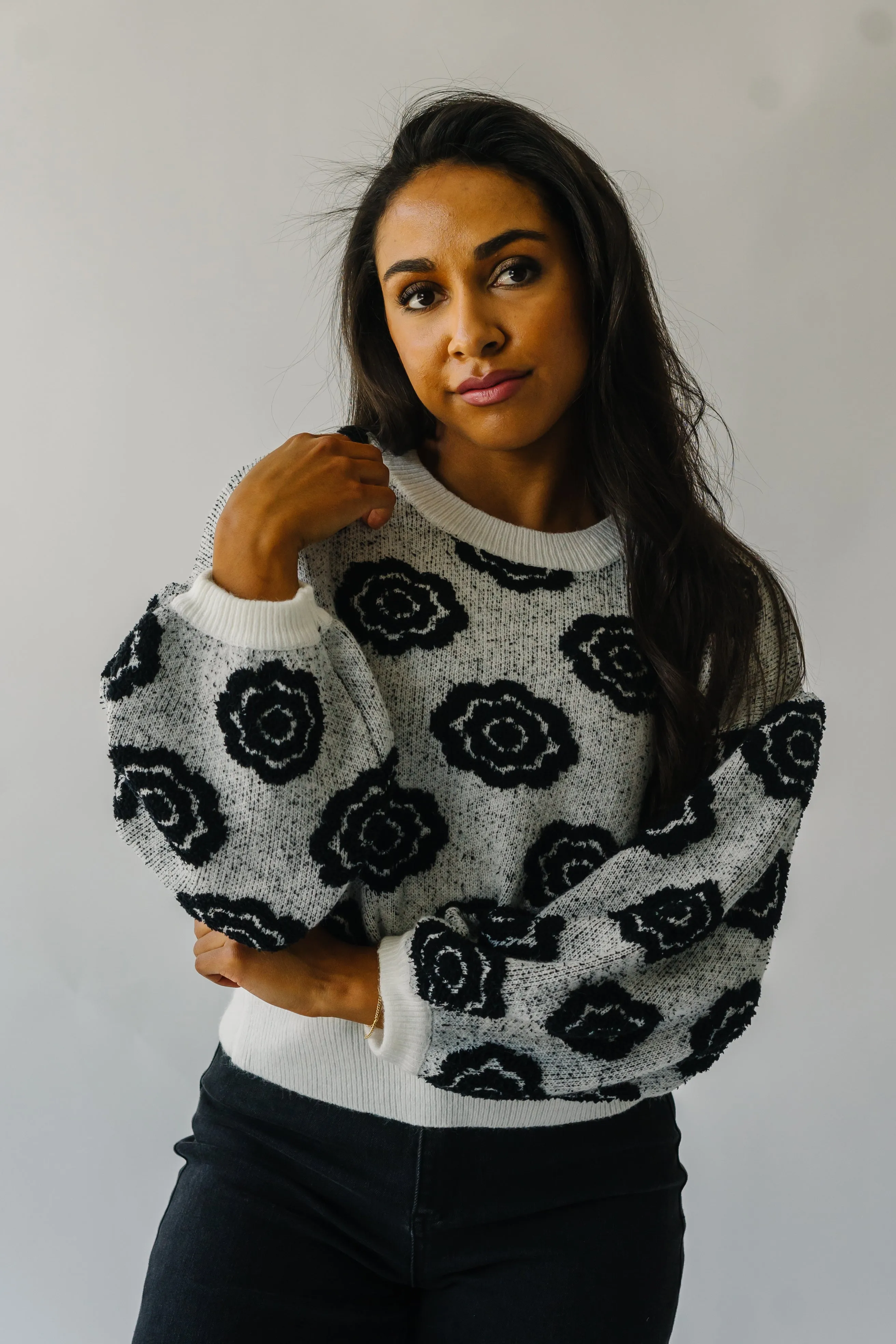 The Remsen Flower Patterned Sweater in White   Black