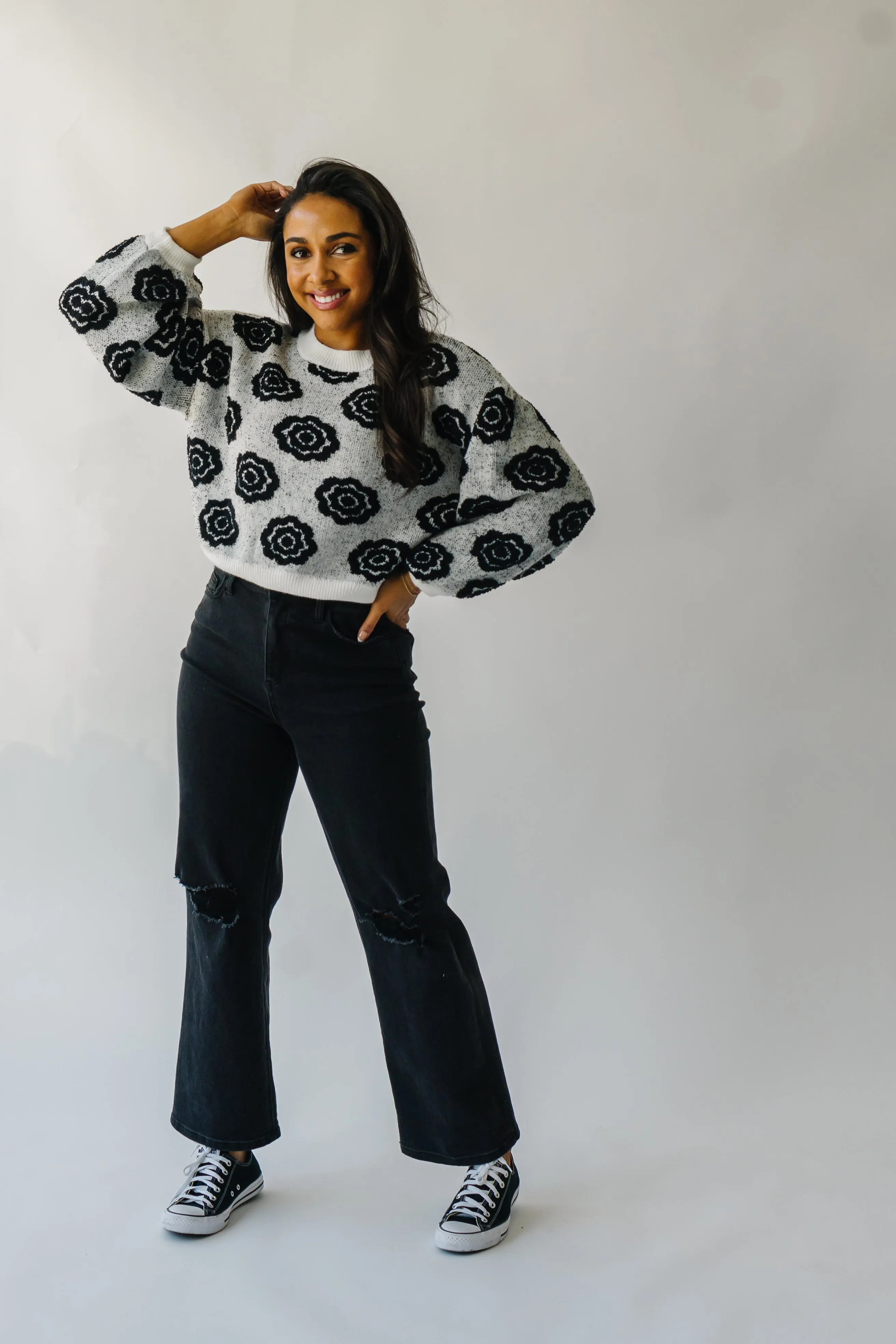 The Remsen Flower Patterned Sweater in White   Black