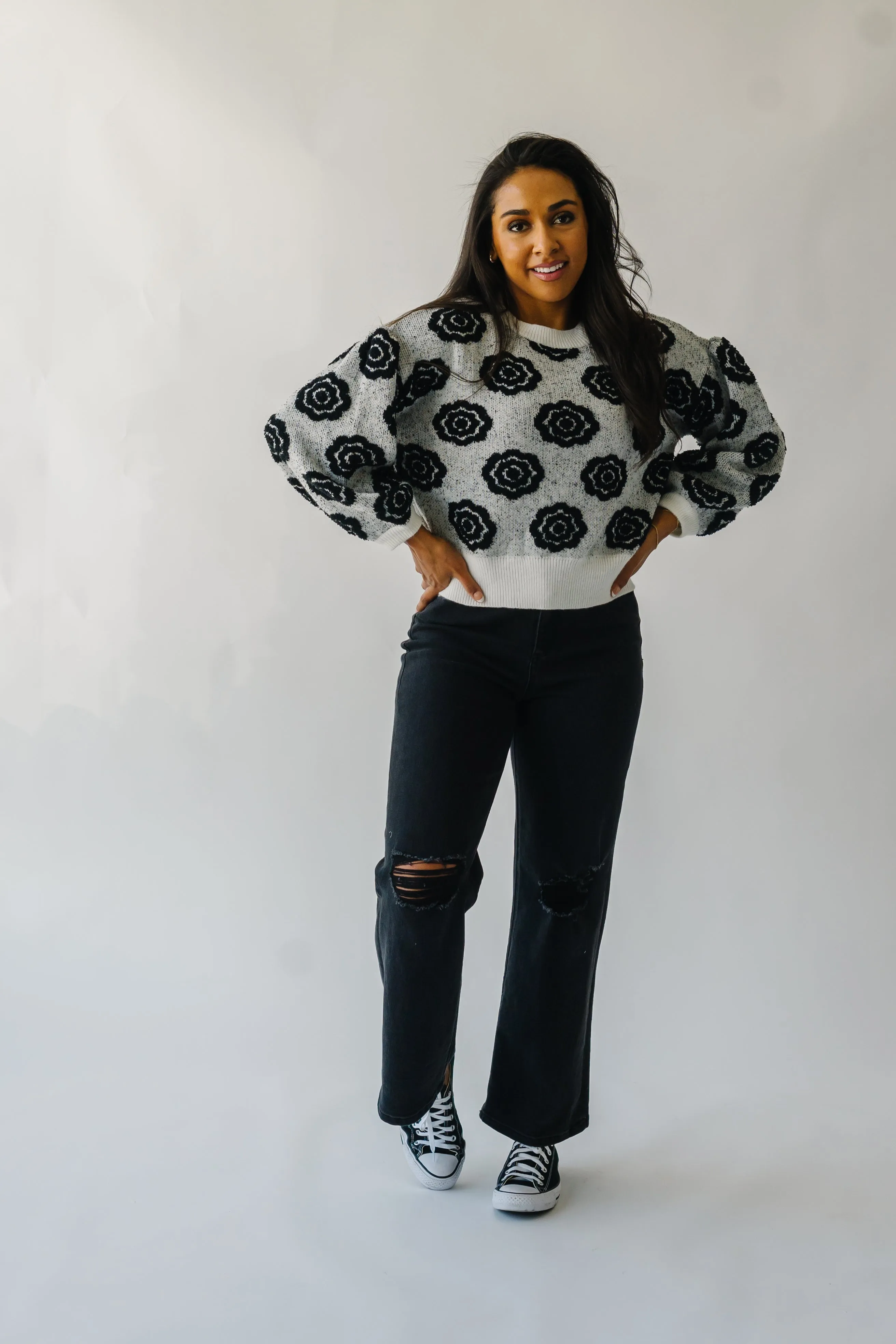 The Remsen Flower Patterned Sweater in White   Black