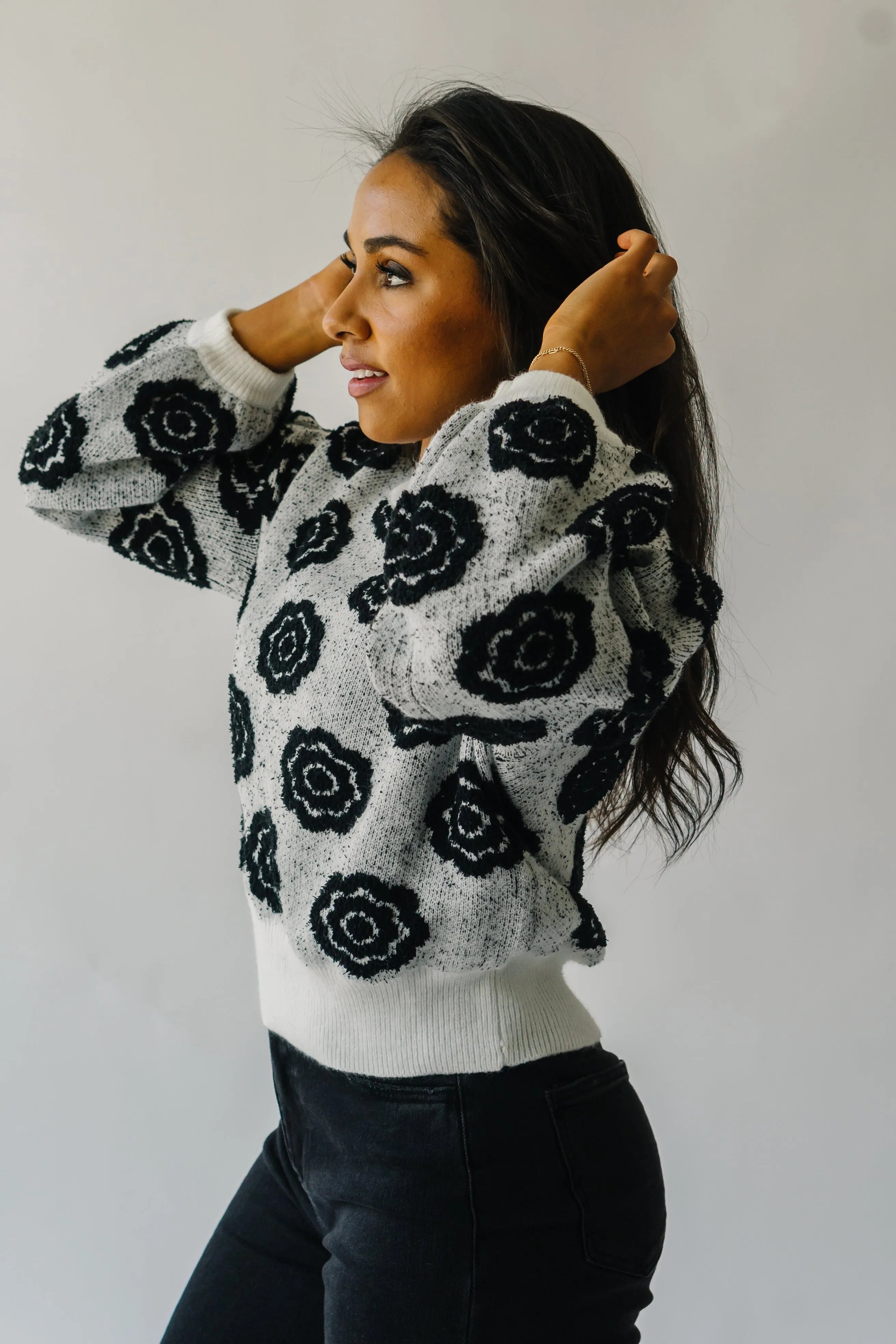 The Remsen Flower Patterned Sweater in White   Black