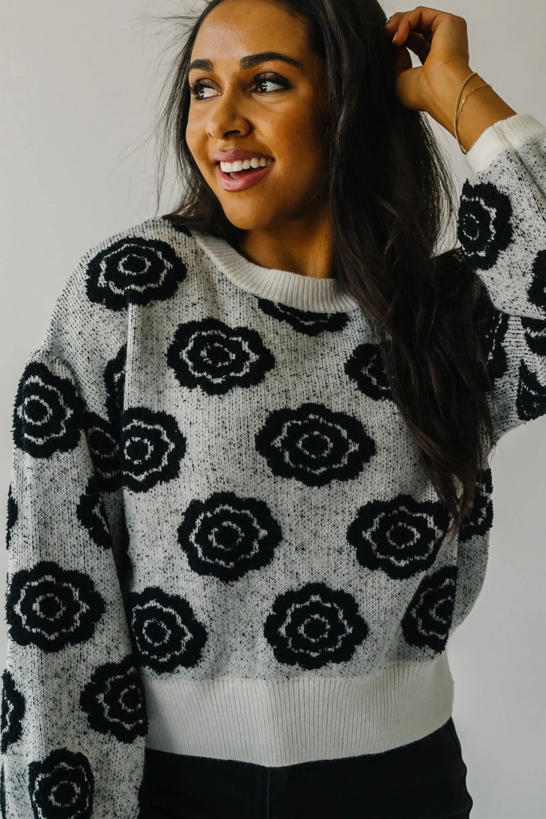 The Remsen Flower Patterned Sweater in White   Black