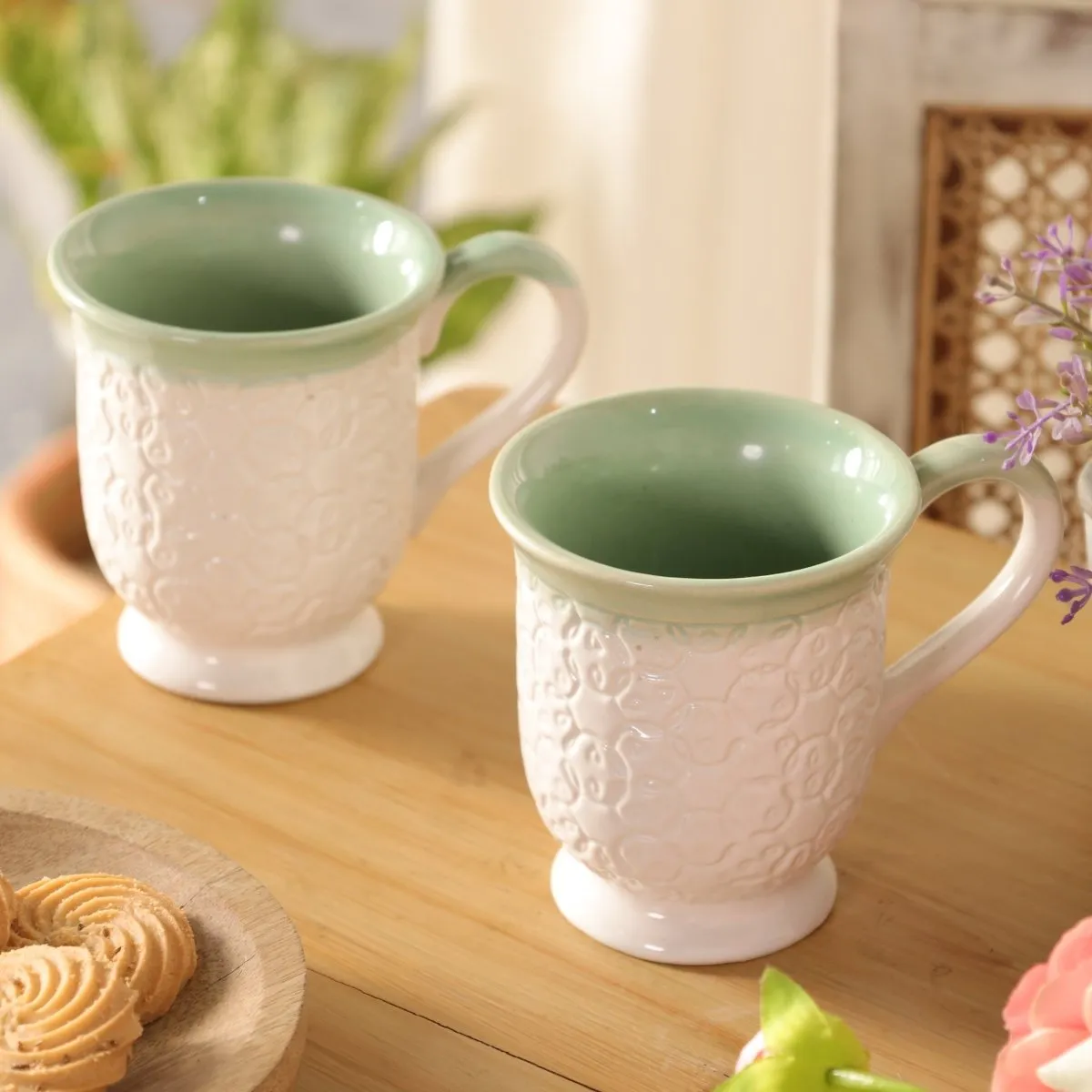 White & Sea Green Ceramic Luxury Coffee & Tea Mugs Set Of 2 For Kitchen And Dining | Patterned | Microwave Safe, Dishware Safe | Handcrafted In India