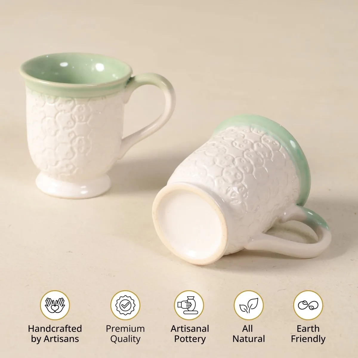 White & Sea Green Ceramic Luxury Coffee & Tea Mugs Set Of 2 For Kitchen And Dining | Patterned | Microwave Safe, Dishware Safe | Handcrafted In India